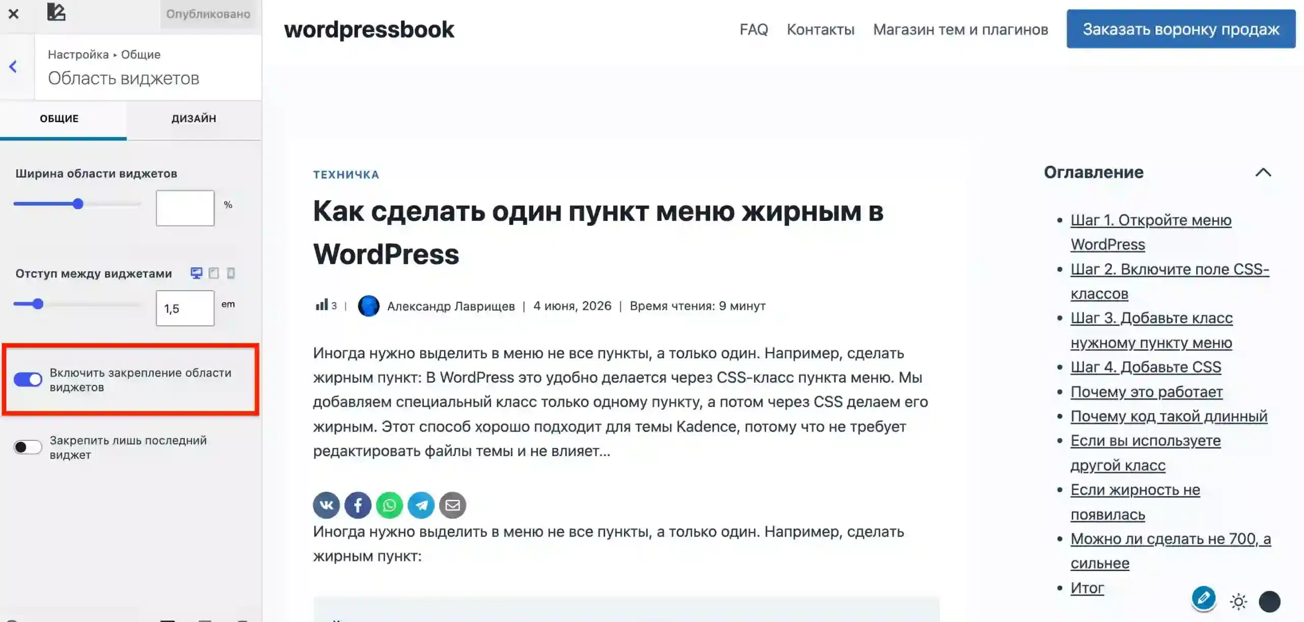 Пример настроек закрепления виджета в теме Kadence
